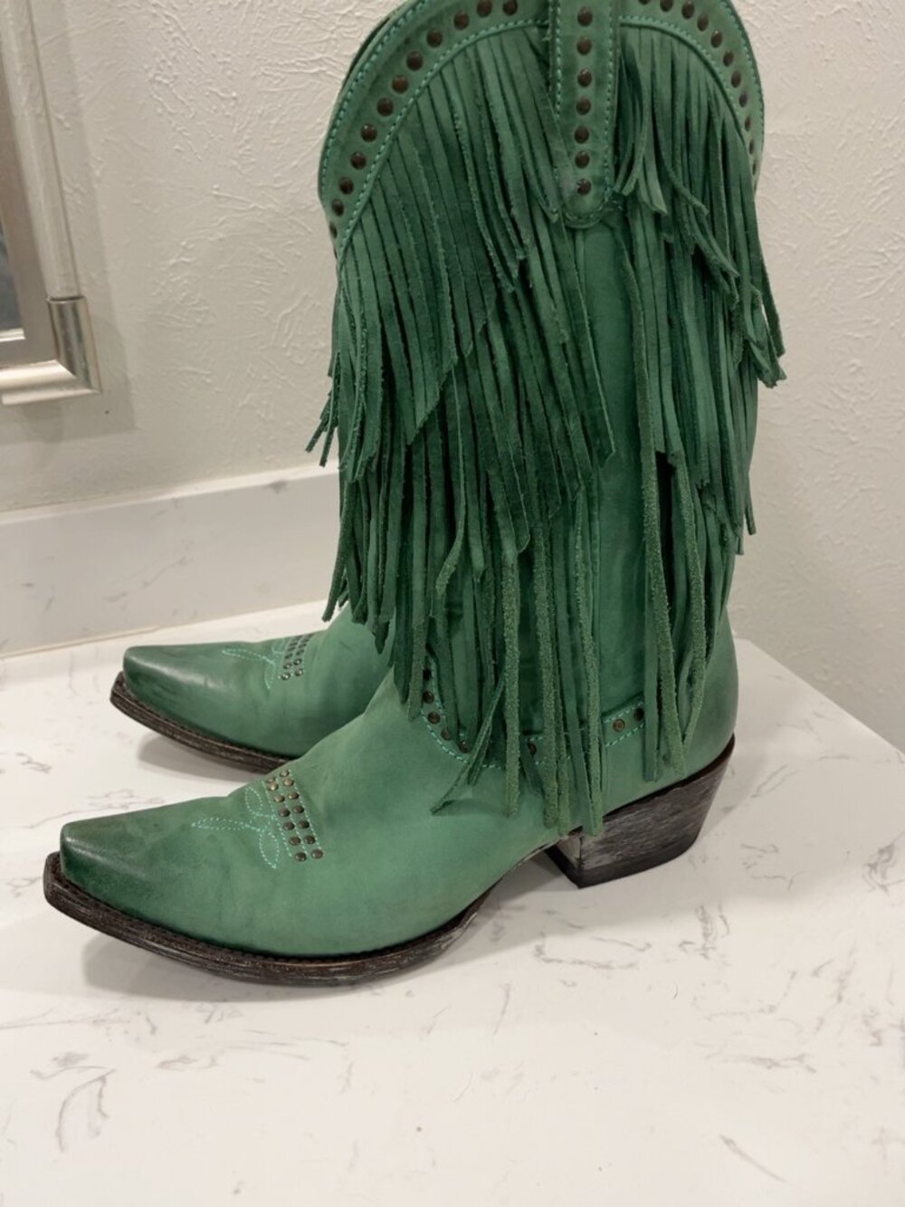 Turquoise Green Fringe Studded Western Cowgirl Boots